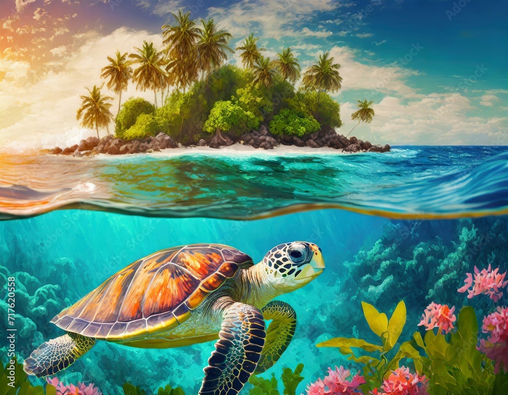 sea turtle swimming in the ocean, in front of a tropical island in summer.