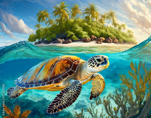 Photography sea turtle swimming in the ocean, in front of a tropical island in summer