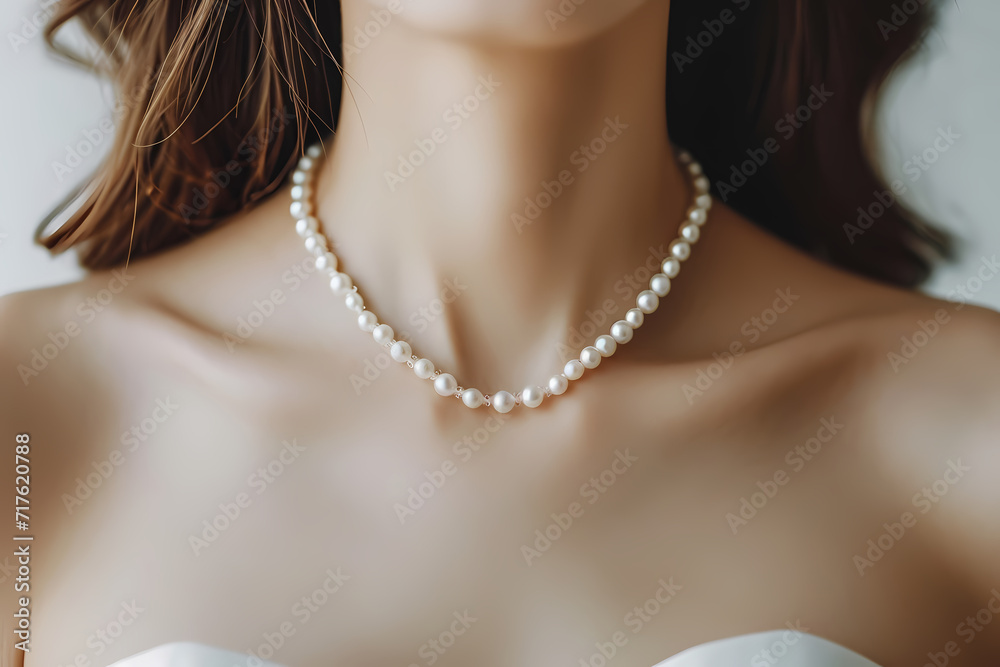 Radiant woman adorned in pearls exudes beauty, fashion, and glamour, showcasing exquisite jewelry