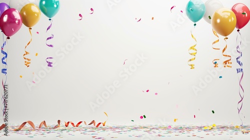 Balloons  Streamers  and Confetti Adorning an Empty Background with copy space  Happy Atmosphere of the Festival  carnival or birthday party.