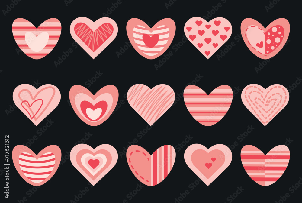 Set of hearts, different shapes, icons, signs on a black background. Vector illustration for Valentine's Day, wedding, friendship. Set of hearts, different shapes, icons, signs on a black background. Vector illustration for Valentine's Day, wedding, friendship.