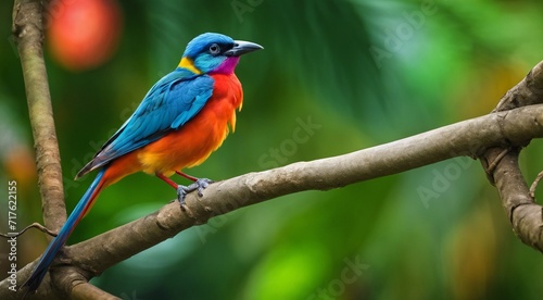 colored beautiful bird sitting on the tree in the jungle, colored wild bird, colored wild bird sitting on the branch of tree in jungle