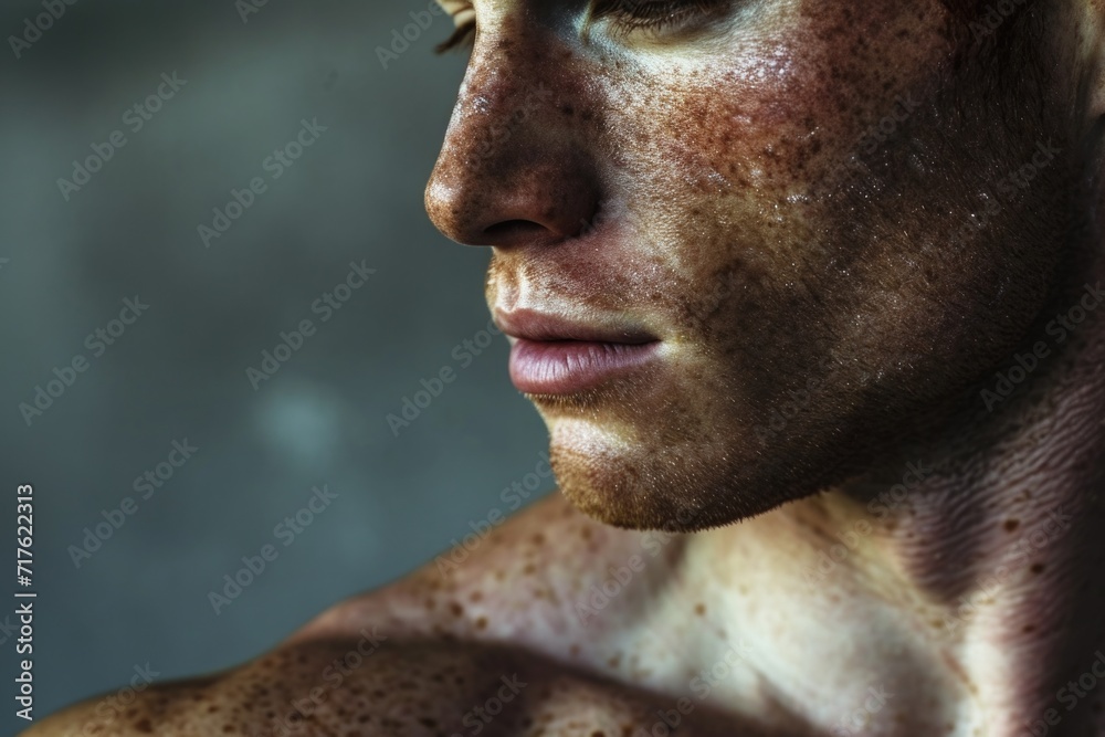 A close-up photograph of a man with freckles on his face. Perfect for portraying natural beauty and individuality A close-up photograph of a man with freckles on his face. Perfect for portraying natural beauty and individuality