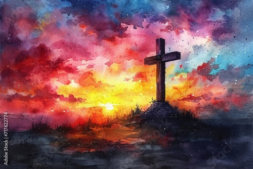 Cross in the Sky: A Vibrant Painting of a Cross in a Field Generative AI