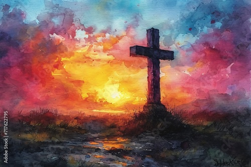 Cross in the Sky: A Painting of a Cross in the Sky with a Sunset Background Generative AI