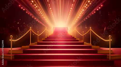 Red carpet staircase with smoke and spotlights, holiday awards ceremony event