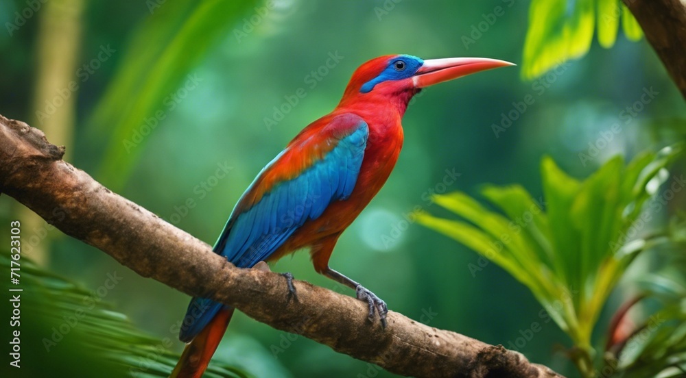 colored beautiful bird sitting on the tree in the jungle, colored wild bird, colored wild bird sitting on the branch of tree in jungle