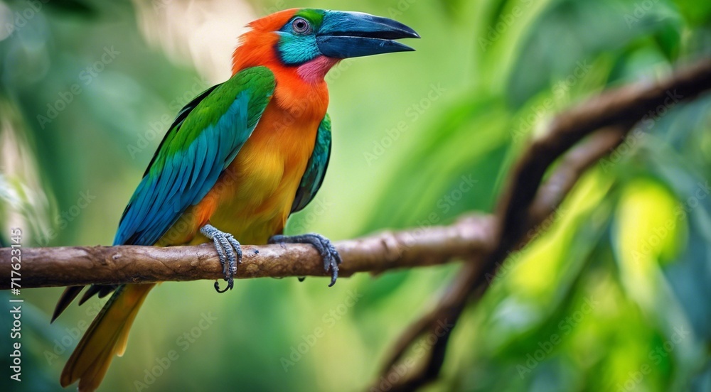 colored beautiful bird sitting on the tree in the jungle, colored wild bird, colored wild bird sitting on the branch of tree in jungle