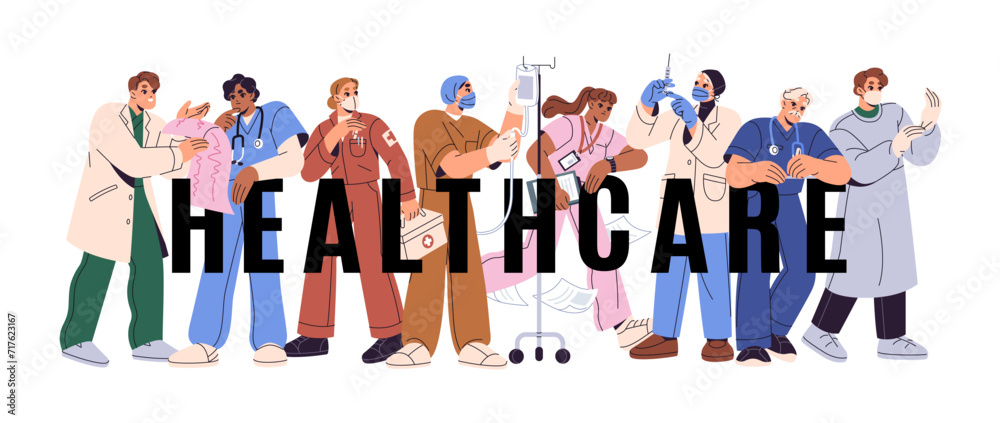 Different doctors work together. Medical team set. Nurse with dropper, medic with aid kit. Health worker concept. Healthcare letters, word. Flat isolated vector illustration on white background