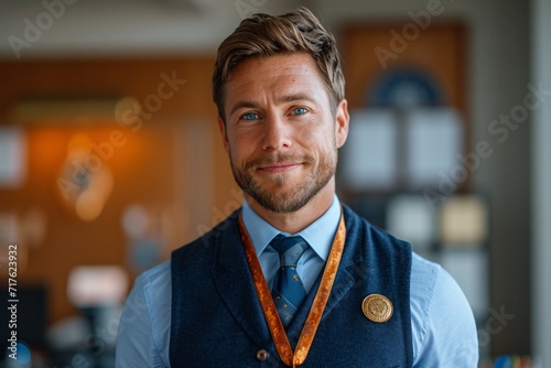 Smiling Man in Vest and Tie, Wearing Monthly Event Badge Generative AI photo