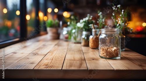 Bleached wooden table top on blurred kitchen