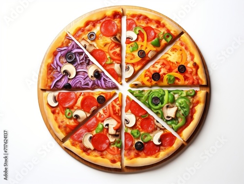 Pizza being cut into pieces on white background