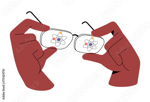 Person holds glasses for vision in hands. People discover, explore future technology. Science research. Character searches, looks for information. Flat isolated vector illustration on white background
