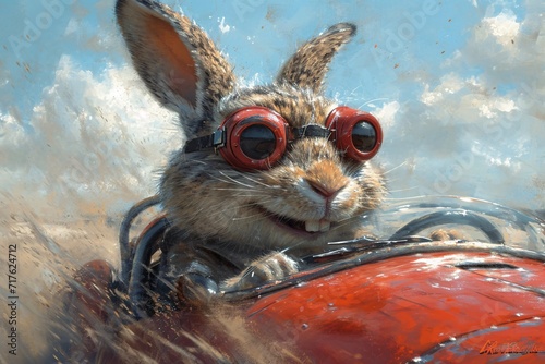 Rabbit Racer - A whimsical and creative title that highlights the bunny's role as a racing driver, while also incorporating a popular monthly event, April Fool's. Generative AI © Priya