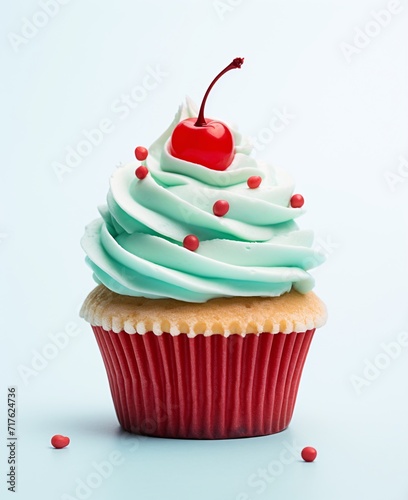 a blue cupcake covered in cherry