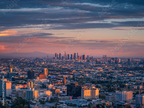 City of Los Angeles skyline at sunset. Aerial view from Hollywood Hills.