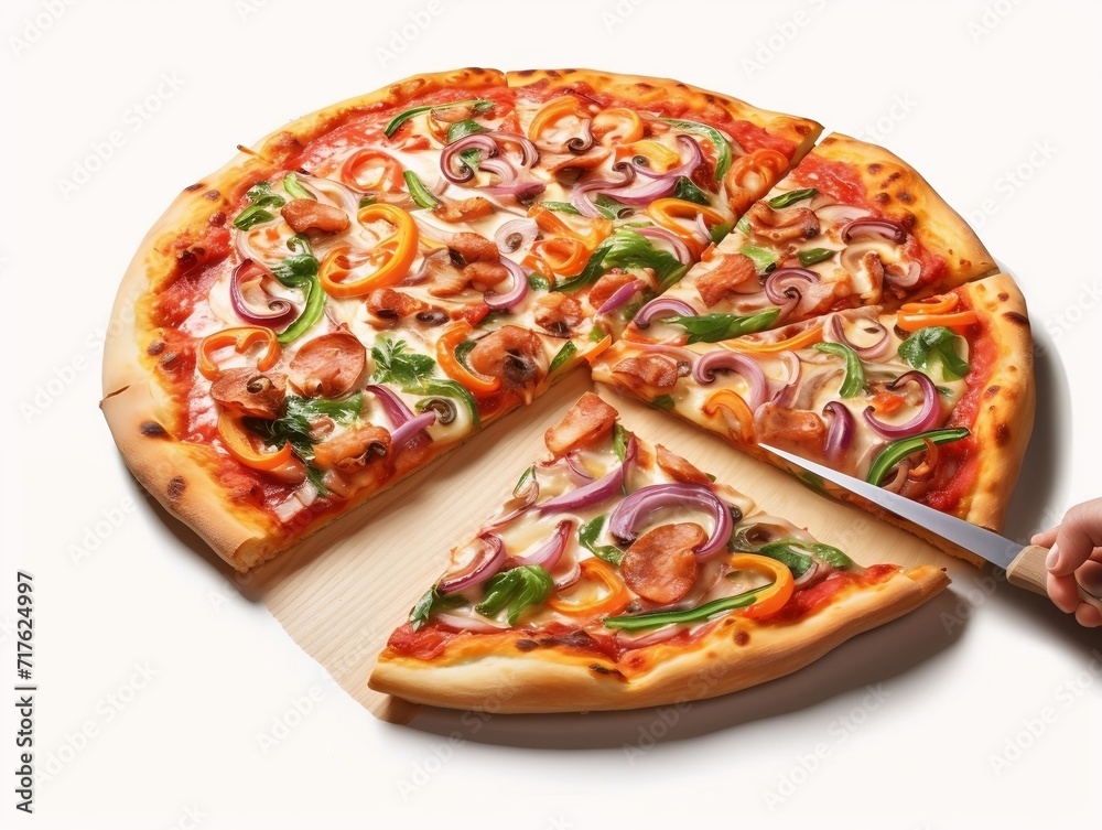Pizza being cut into pieces on white background Pizza being cut into pieces on white background