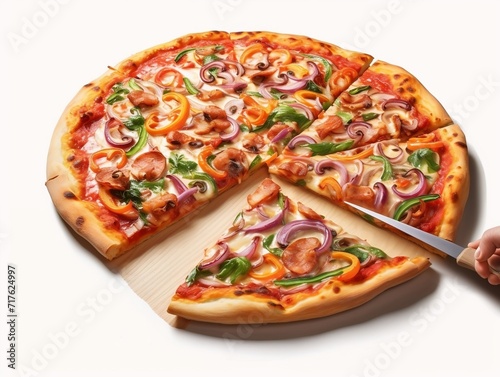 Pizza being cut into pieces on white background