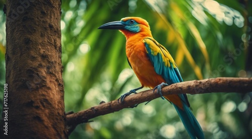 colored beautiful bird sitting on the tree in the jungle, colored wild bird, colored wild bird sitting on the branch of tree in jungle