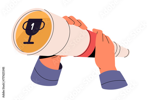 Person holds, looks through telescope. People search opportunities to achieve goal, success, win. Character finds way to catch gold trophy, prize. Flat isolated vector illustration on white background