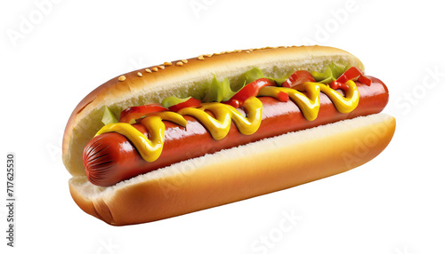Hot dog with mustard and ketchup on a transparent background.