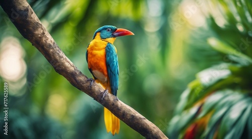 colored beautiful bird sitting on the tree in the jungle, colored wild bird, colored wild bird sitting on the branch of tree in jungle © Gegham