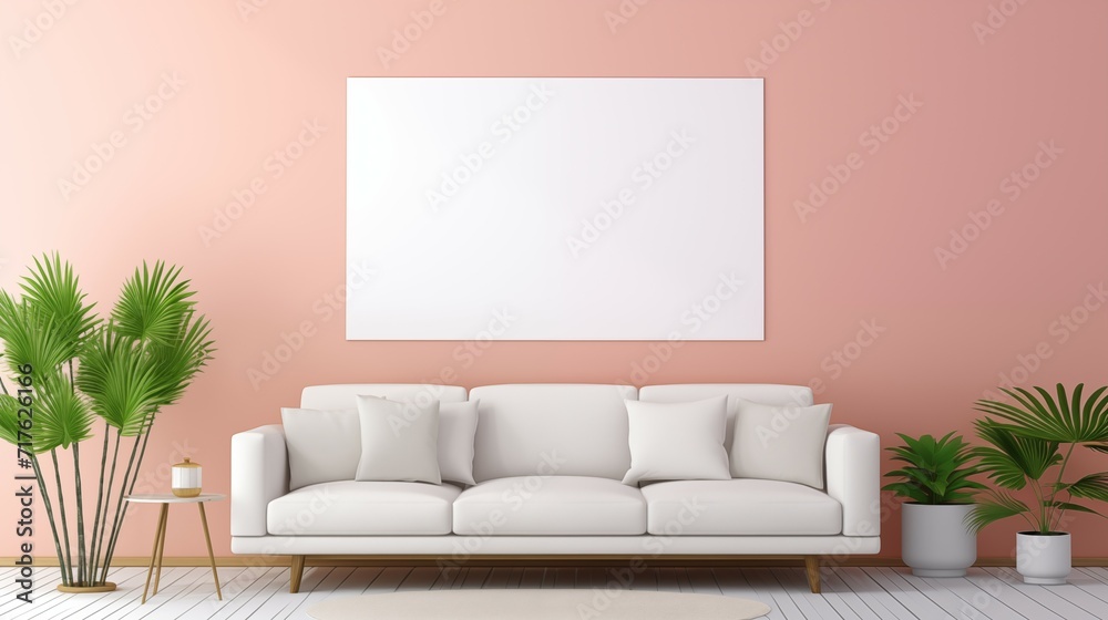 A modern living room with a couch in front of a blank banner on wall. A modern living room with a couch in front of a blank banner on wall.