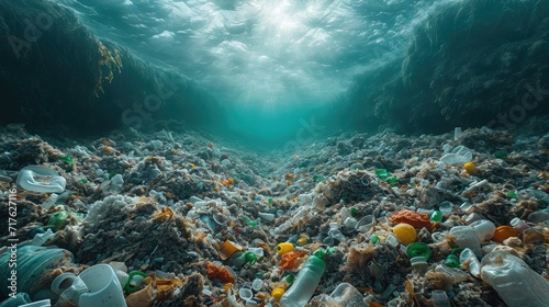 Impact of Plastic Waste on Oceans. Plastic waste piles on beaches or in oceans, highlighting their impact on marine ecosystems and related global warming issues.