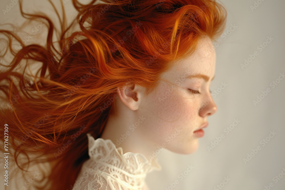 A portrayal of the essence of a windswept redhead's beauty