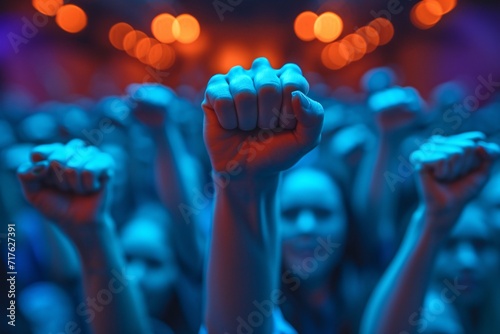 Raising a Fist in the Blue Light: A Crowd of People Expressing Their Feelings Generative AI