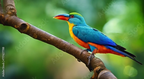 colored beautiful bird sitting on the tree in the jungle, colored wild bird, colored wild bird sitting on the branch of tree in jungle