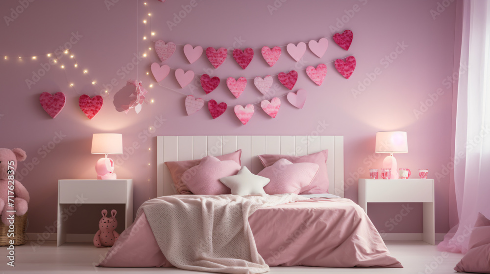Fototapeta premium Pink bedroom interior decorated for valentines day