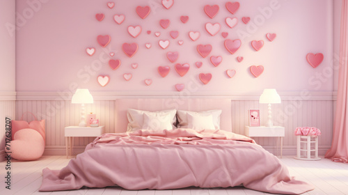 Pink bedroom interior decorated for valentines day