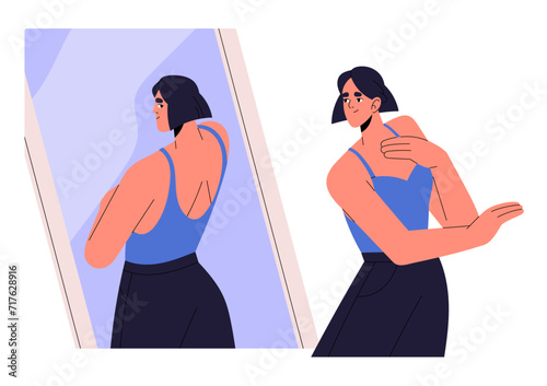 Teen skinny woman looking in mirror, love yourself reflection. Happy confident girl positive esteems her body. Self acceptance, awareness. Flat isolated vector illustration on white background