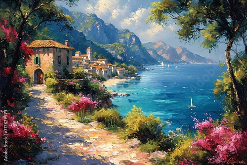 April Showers Bring May Flowers: A Painting of a Beautiful Landscape with a Pathway Leading to the Ocean Generative AI