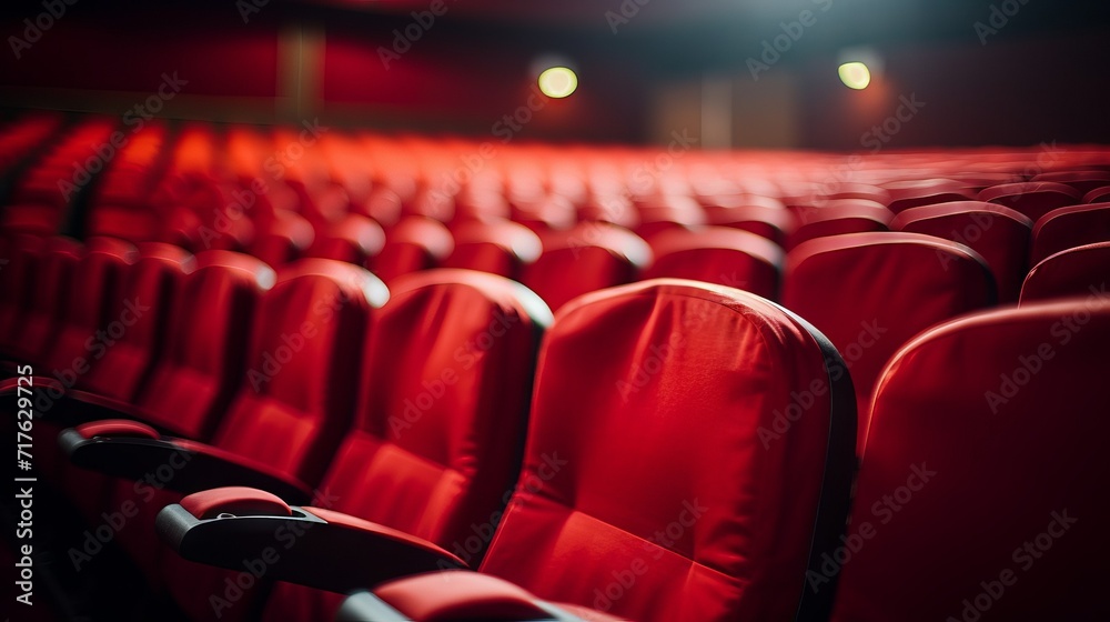 A row of empty red chairs in the cinema hall. Theater, Cinema, Entertainment, Culture concepts.