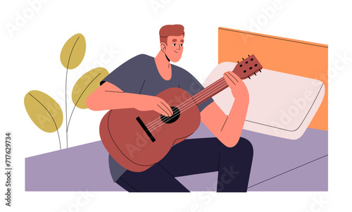 Talented student learning to play string instruments. Guitarist perform on acoustic guitar. Musician do music at home. Musical class, lesson. Flat isolated vector illustration on white background