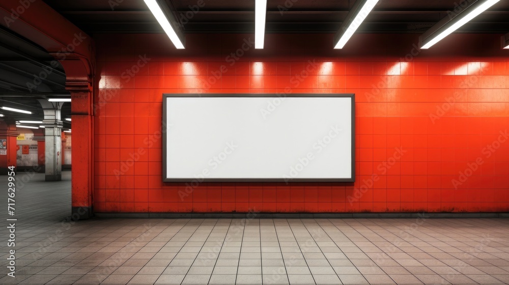 Vibrant red subway station interior featuring an empty white billboard and fluorescent lights