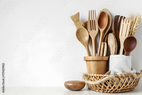 wooden kitchen utensils on wooden table, set of kitchen utensils on table against light background with space for text