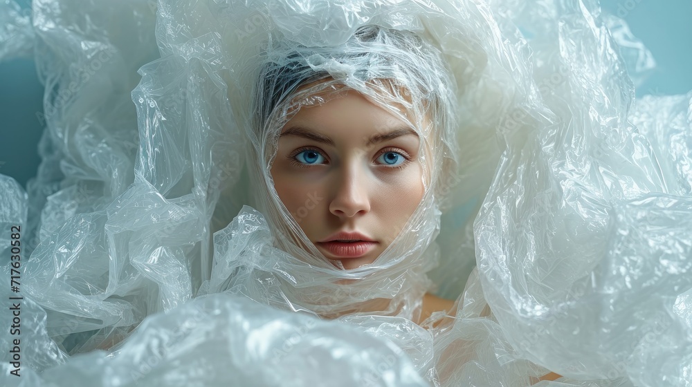 Surrealism illustration of a woman wrapped in plastic. Limitations of Expression. Loss of Identity or Equality. The Symbolism of Clarity and Obscurity Surrealism illustration of a woman wrapped in plastic. Limitations of Expression. Loss of Identity or Equality. The Symbolism of Clarity and Obscurity