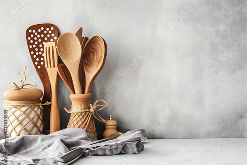 kitchen utensils on table, set of kitchen utensils on table against light background with space for text photo