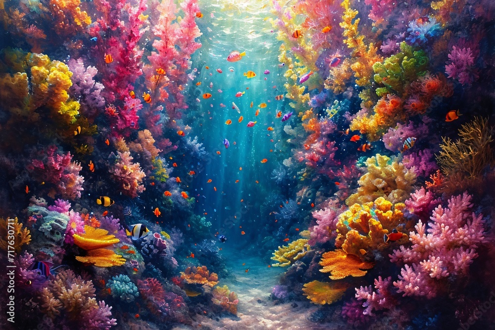 Underwater Paradise: A Vibrant Tunnel of Colorful Coral and Schools of Fish Generative AI