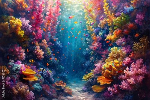 Underwater Paradise  A Vibrant Tunnel of Colorful Coral and Schools of Fish Generative AI