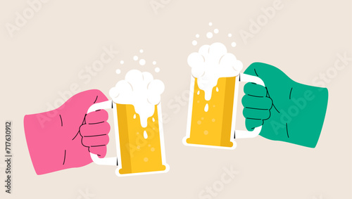 Human hand holding a cup of beer,cheer,party,celebration. Colorful vector illustration