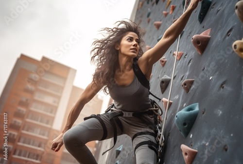sport woman doing bouldering in an city open space