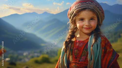 portrait of a little girl in the mountains