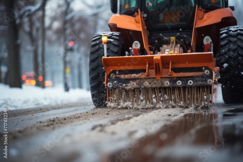 Close-up of a snowplow in action on a city street, capturing the essence of winter maintenance work