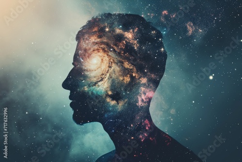 A conceptual image of a person with a galaxy inside their silhouette, representing the universe within us