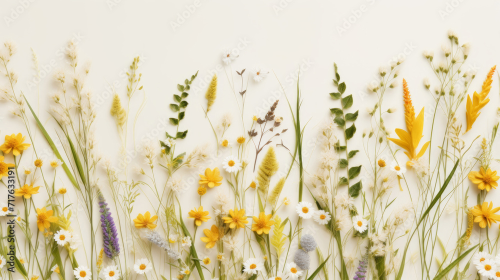 Flat lay of assorted wildflowers with vibrant colors on a white background. - obrazy, fototapety, plakaty 