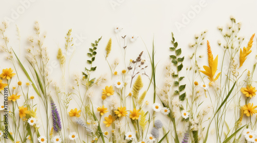 Flat lay of assorted wildflowers with vibrant colors on a white background. photo
